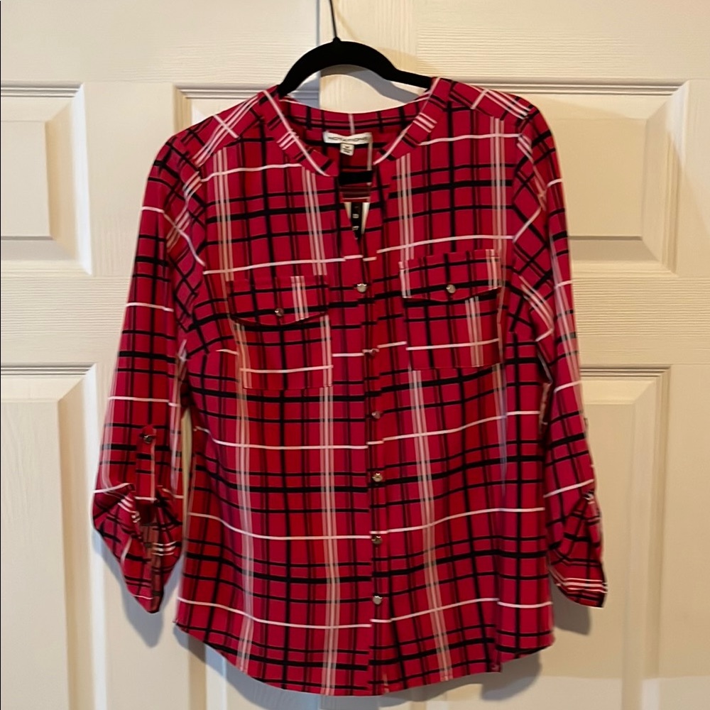 Mandarin Collar Multicolored 3/4 Sleeve Buttoned Blouse